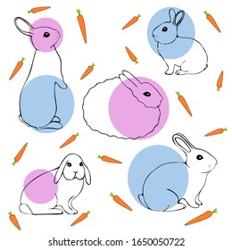 Cute bunnies with carrots. Easter symbol, design element. Hand drawn vector illustration, label or card isolated on white background.