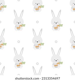 Cute bunnies with carrots and flowers. Childish pattern with rabbits and carrots. Print for newborn girl or boy. 