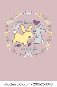 Cute Bunnies with carrots, T-shirt design for kids, vector illustration. graphic Print designs for baby. Can be used for fashion print design, kids wear, girls clothes, poster, nursery wall decor