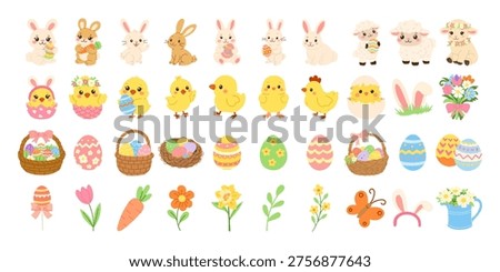 Cute bunnies and chicks in cheerful pastel tones. Pastel eggs, baskets, and flowers add festive charm. Spring-themed decor for nursery, bakery, or craft projects