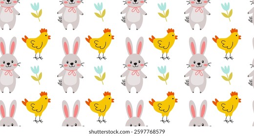 Cute bunnies and chicks pattern in vibrant colors for playful spring designs