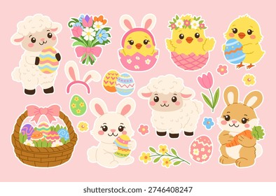 Cute bunnies, chicks, and sheep hold colorful Easter eggs. Soft pastel background features floral accents and baskets. Each character smiles, exuding joy and springtime cheer