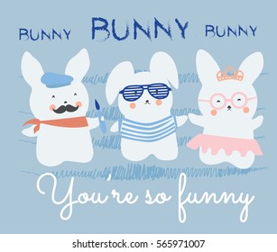 Cute bunnies child drawings style vector. Hand drawn illustration of rabbits and text. 