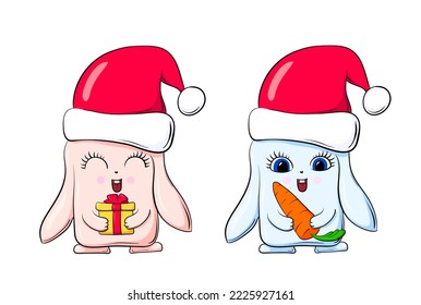 Cute bunnies in Christmas hats with gift and carrot. Symbol of the year 2023 in the Chinese calendar. The year of rabbit.