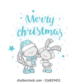 Cute bunnies in Christmas hats and scarves. Vector illustration for a card or poster. New Year's and Christmas.