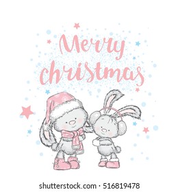 Cute bunnies in Christmas hats and scarves. Vector illustration for a card or poster. New Year's and Christmas.