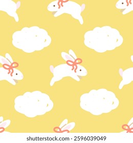 Cute Bunnies and Clouds Seamless Pattern. 