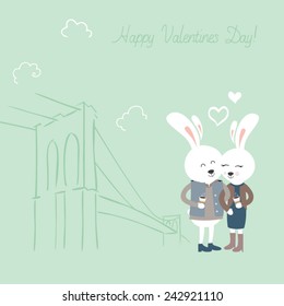 Cute bunnies with coffee. Greeting card for Valentines Day.