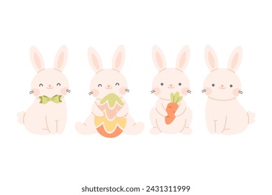 Cute bunnies collection. Easter white bunnies. Rabbit characters. Vector illustration in flat style