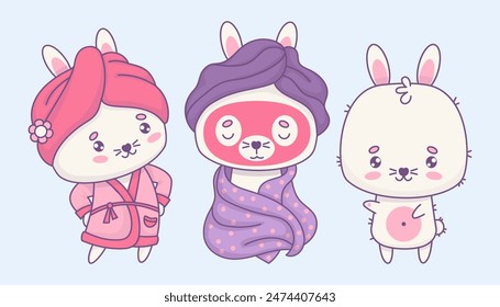 Cute bunnies collection. Happy white rabbit, funny in pink robe, with cosmetic mask on his face in towel. Isolated cartoon animals kawaii characters. Vector illustration