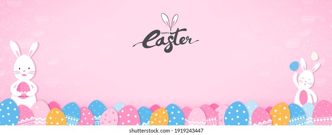 Cute bunnies and colorful Easter eggs on pink banner background 