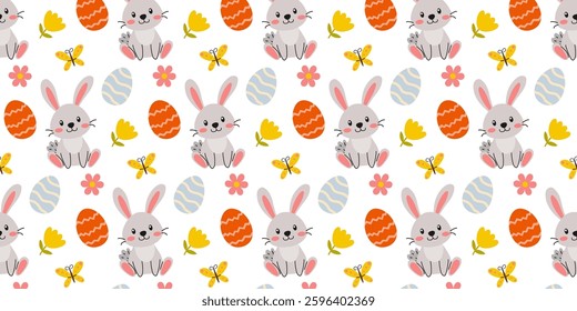 Cute bunnies and colorful eggs create a cheerful pattern for spring celebrations and festive decorations