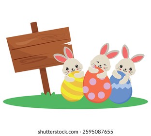 cute bunnies with colorful eggs and wooden sign, vector illustration for easter.