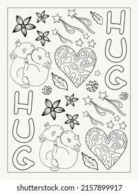 Cute bunnies colouring book page. Fun activity for children. Art therapy for adults.