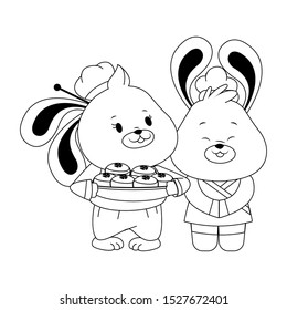 cute bunnies couple with mooncakes over white background, flat design. vector illustration