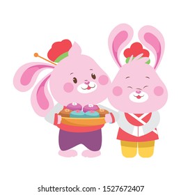 cute bunnies couple with mooncakes over white background, colorful design. vector illustration