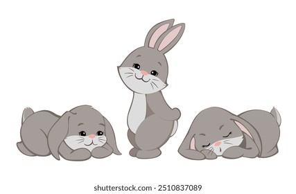 Coelhinhos lindos, poses diferentes. Um conjunto de ilustrações vetoriais, desenhadas à mão, sobre um fundo isolado.