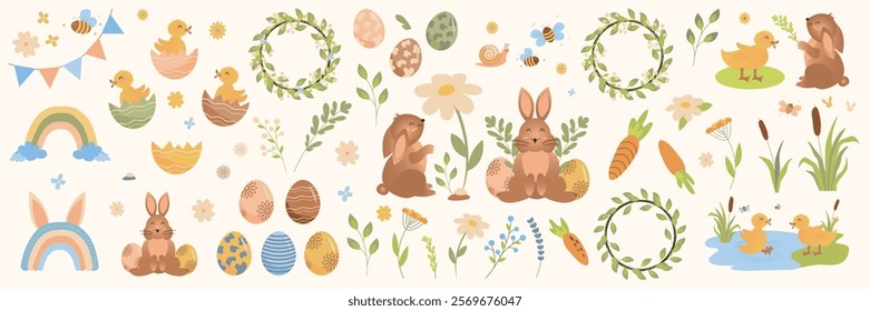 Coelhinhos bonitos e patos com ovos de Páscoa, plantas e arco-íris em fundo pastel, clipart de Páscoa