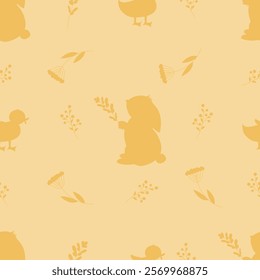 Cute bunnies and ducks with Easter eggs, plants and rainbow on pastel background, seamless pattern