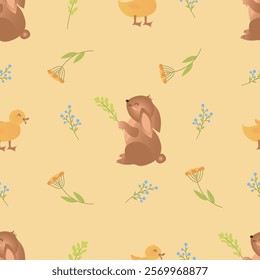 Cute bunnies and ducks with Easter eggs, plants and rainbow on pastel background, seamless pattern