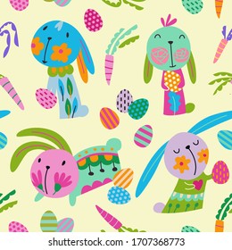Frische Brennen mit Ostereiern. Nahtlose Muster mit hübschen Tieren und Karotten. Doodle-Illustration für den Urlaub, Tapete, Umhüllung, Postkarte, Abdeckung. Osterfest, religiöser Feiertag, Ostergeburten