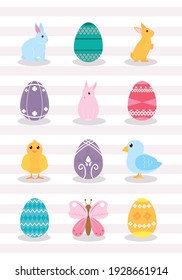 lindos conejillos y conjunto de iconos de Pascua, diseño colorido, ilustración vectorial