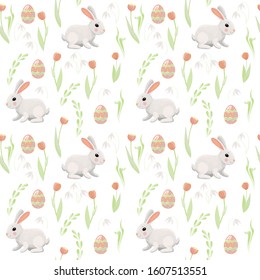 Cute bunnies easter pattern. Eggs, tulips, grass and rabbits spring wrap paper. Textured vector seamless background.