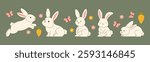 Cute bunnies, Easter Rabbits, spring flowers and butterflies. vector illustration