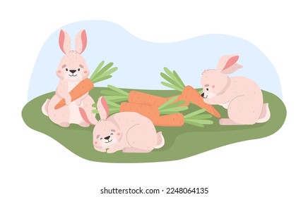 Cute bunnies eating carrot on the grass, cartoon flat vector illustration isolated on white background. Cheerful rabbits with carrot. Concepts of spring and Easter holiday celebration.