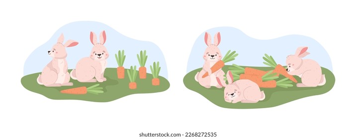 Cute bunnies eating carrot on the field in grass, cartoon flat vector illustration isolated on white background. Set of cheerful animals playing outside. Spring and Easter concepts.