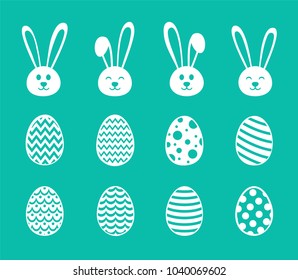 Cute bunnies and eggs - concept of Easter icons. Vector.