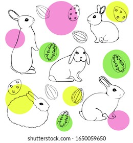 Cute bunnies with eggs. Easter symbol, design element. Hand drawn vector illustration, label or card isolated on white background.