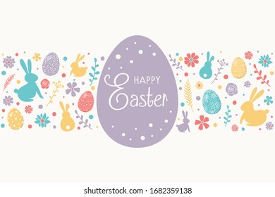 Cute bunnies, eggs and flowers on background with Happy Easter wishes. Vector