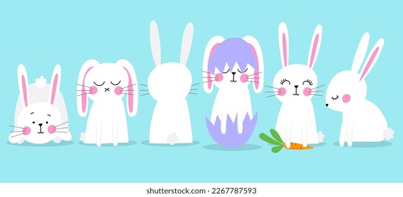 Cute bunnies with eggshell and hatching eggs. Funny Easter Bunny in several poses. Funny and educational illustration for children. Happy Easter