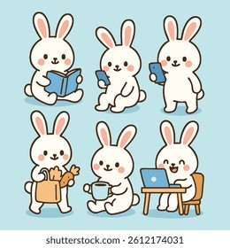 Cute bunnies engage in various activities like reading, using phone, and enjoying drink on cheerful day. These adorable characters bring joy and warmth to any Easter celebration