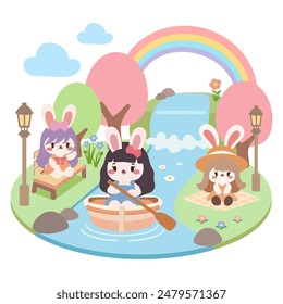 Cute Bunnies Enjoying Springtime by the River Illustration. Adorable Bunny Picnic and Boat Ride in Spring Landscape.