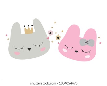 Cute bunnies face with crown and flowers in hand drawn style. Vector illustration.