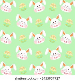 Cute Bunnies face pattern with colorful Easter eggs for printing on various objects, vector illustration