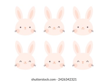 Cute bunnies faces. Easter white bunny. Rabbit characters. Vector illustration in flat style