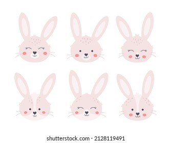 Cute bunnies faces. Year of the Rabbit. Easter white bunny. Hand drawn vector illustration 