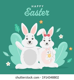 Cute Bunnies Family Character With Flowers And Leaves On Green Background For Happy Easter Concept.
