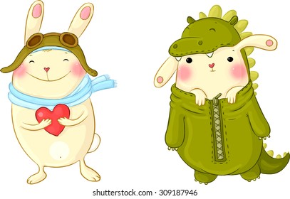 Cute bunnies in fancy dress. Vector illustration.