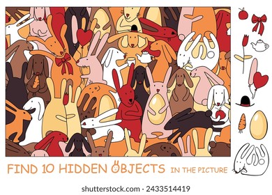 Cute bunnies. Find the hidden objects. Easter rabbits. Educational puzzle game for children. Sketch Vector illustration