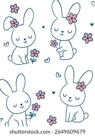 
Cute Bunnies with Flowers: Adorable Hand-Drawn Spring Design