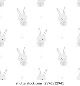 Cute bunnies with flowers. Childish pattern with rabbits and carrots. Print for newborn girl or boy. 