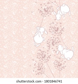 Cute bunnies fly on dandelions. Seamless vector pattern on pink. Cartoon animal  background.