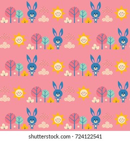 cute bunnies in forest seamless pattern