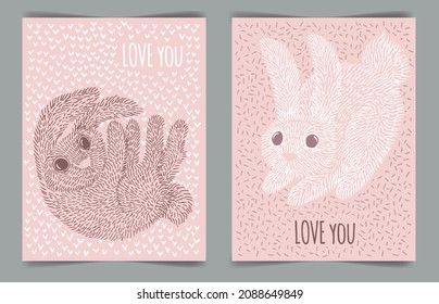 Cute bunnies freehand drawing. Lettering love you. Poster for the children's room. Postcard for Valentine's Day.