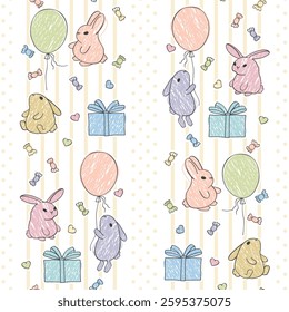 Cute bunnies, gifts with candies and balloons seamless pattern. Vector holiday illustration for printing on wallpaper, wrapping paper and fabric for children.