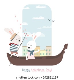 Cute bunnies in gondola. Greeting card for Valentines Day.